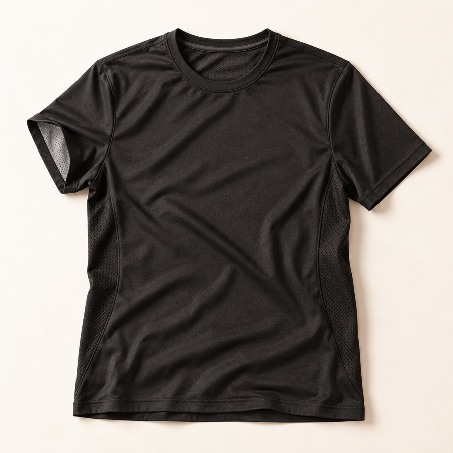 Camisa de treino preta estendida sobre fundo cru