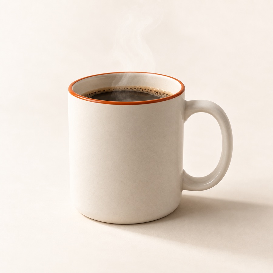 Caneca de cerâmica clara com filete laranja na borda