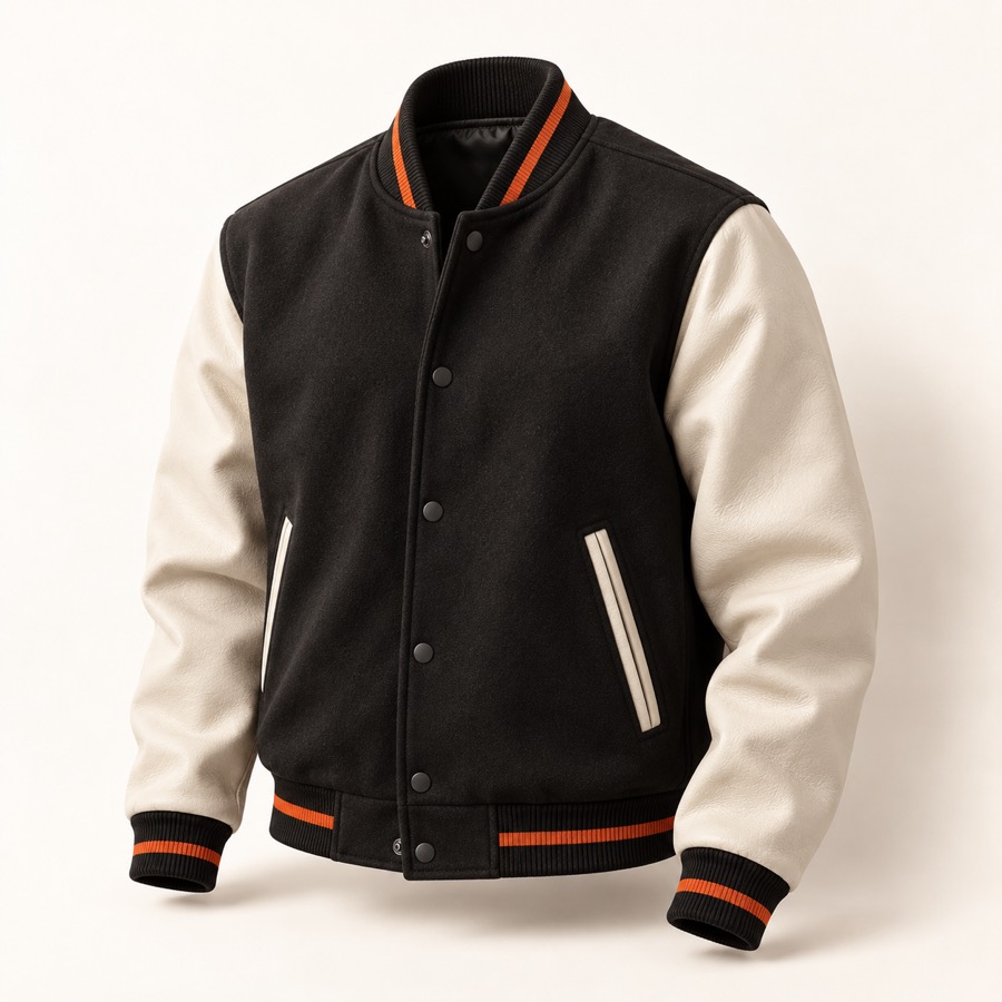Jaqueta universitária preta com mangas de couro off-white